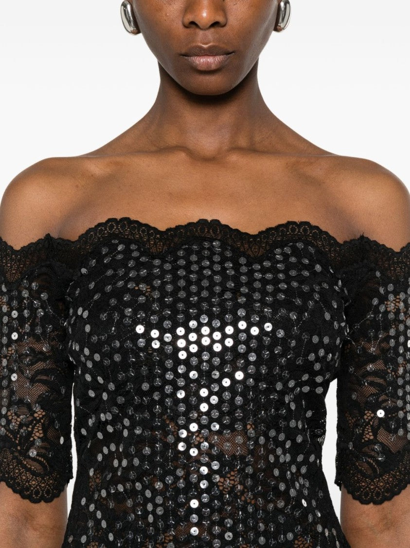 Rabanne Off-Shoulder Embroidered Lace Top