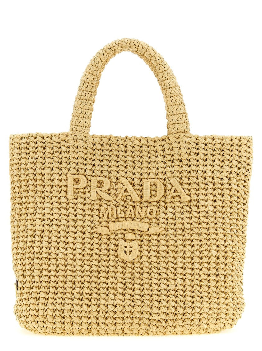 Prada Braided Raffia Handbag With Enameled Metal Logo