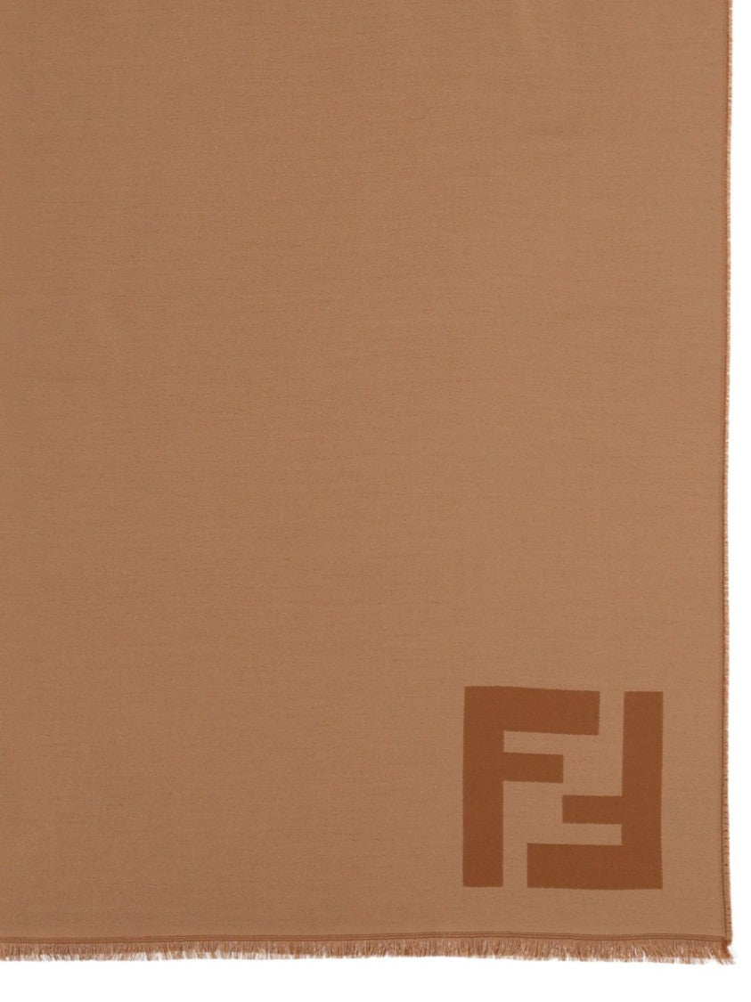 Fendi Camel Brown Fringed Virgin Wool Scarf