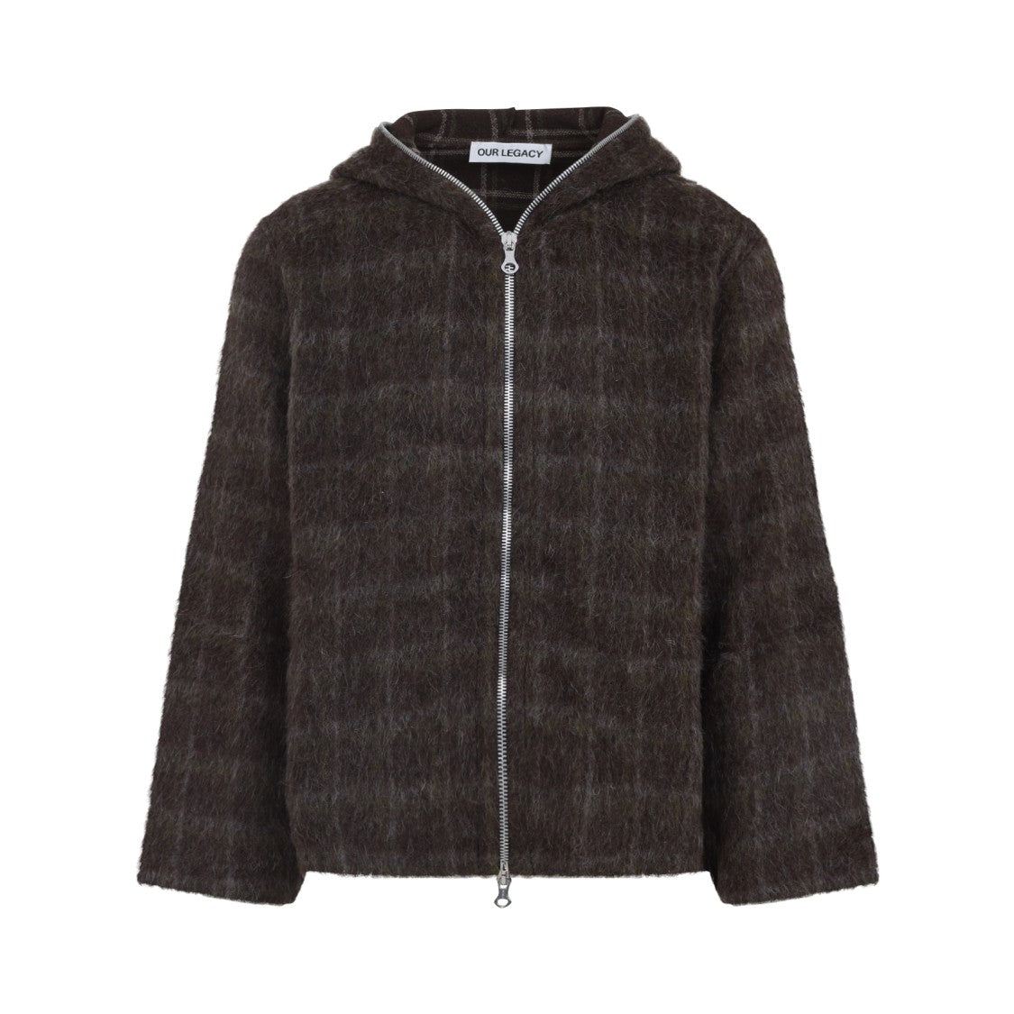 Our Legacy Dorf Check Brown Wool Full Zip Hood Sweatshirt