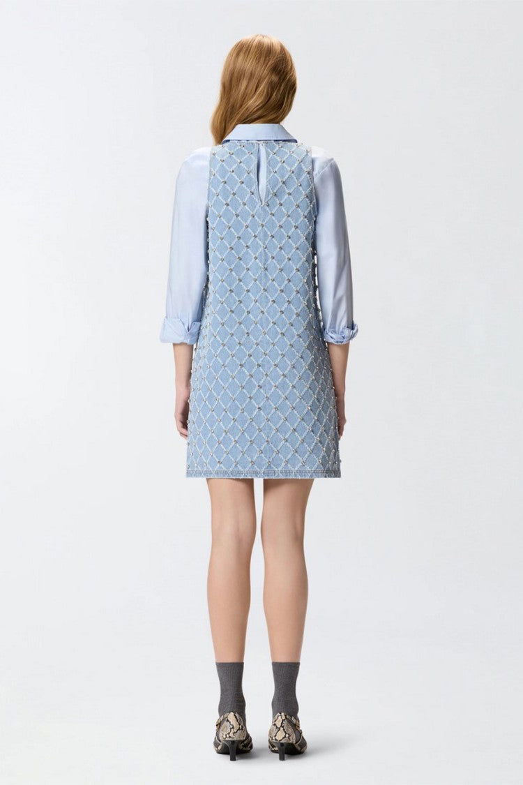 Pinko Light Blue Allover Bead Stud Diamond Lattice Cotton Mini Dress