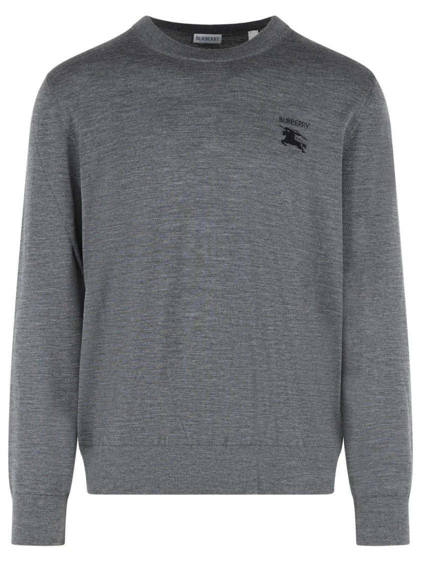 Burberry Ribbed Grey Wool Sweater With Contrast Logo
