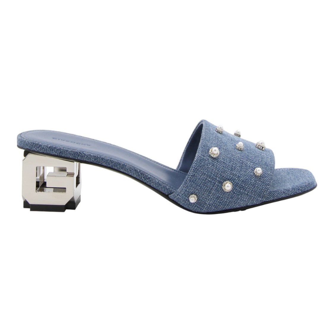 Givenchy Denim Sandals With Pearl Embellishments And Geometric Heel