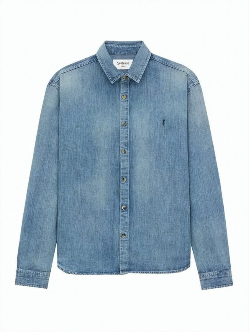 Saint Laurent Light Blue Denim Shirt With Traditional Collar