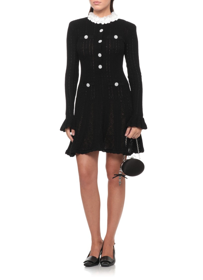 Self-Portrait Flared Black Midi Crochet Dress With Ruffled Sleeves And Floral Accents