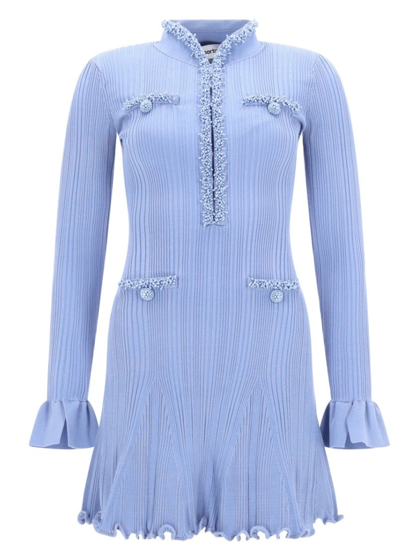 Self-Portrait Neutrals Beaded Accents Ribbed Mini Dress