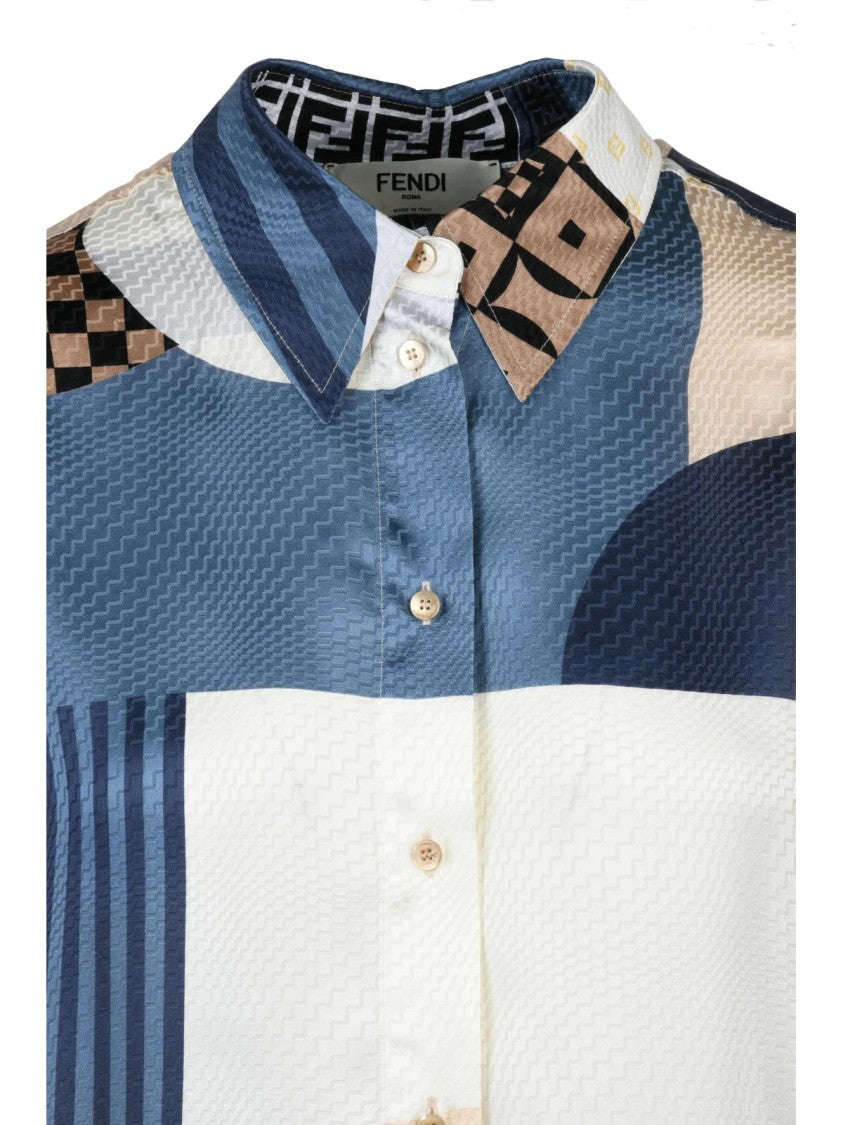 Fendi Abstract Geometric Pattern Silk Shirt With Classic Collar