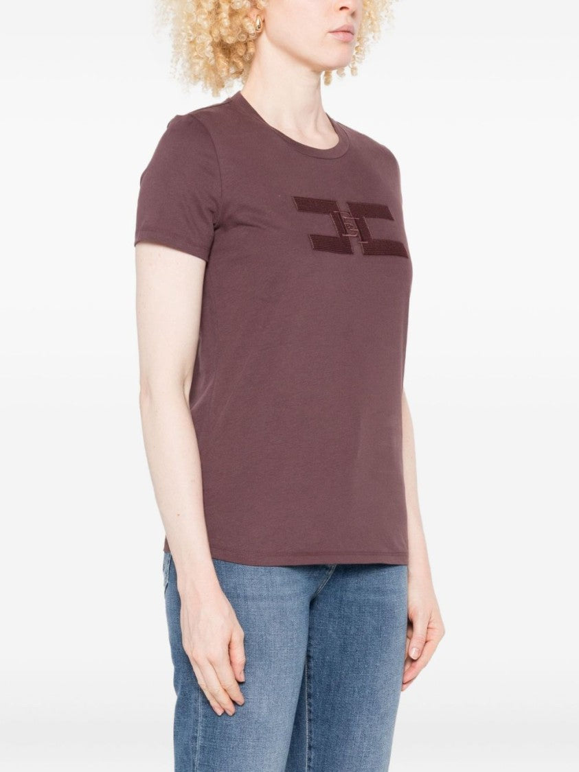Elisabetta Franchi Bordeaux Cotton T-Shirt With Textured Logo Detail