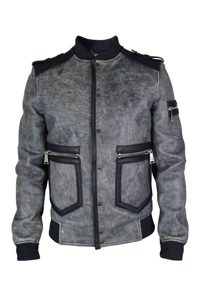 Philipp Plein Aged Gray Leather Jacket