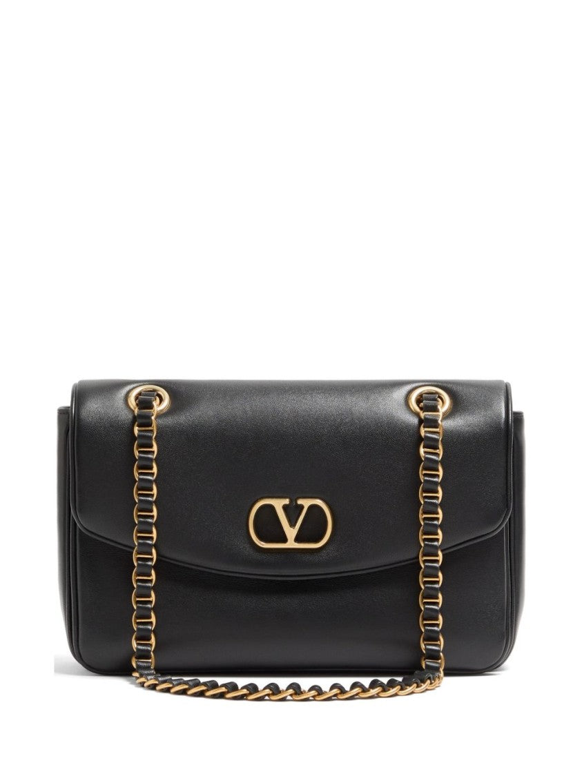 Valentino Garavani Black Structured Leather Gold-Tone Emblem Shoulder Bag