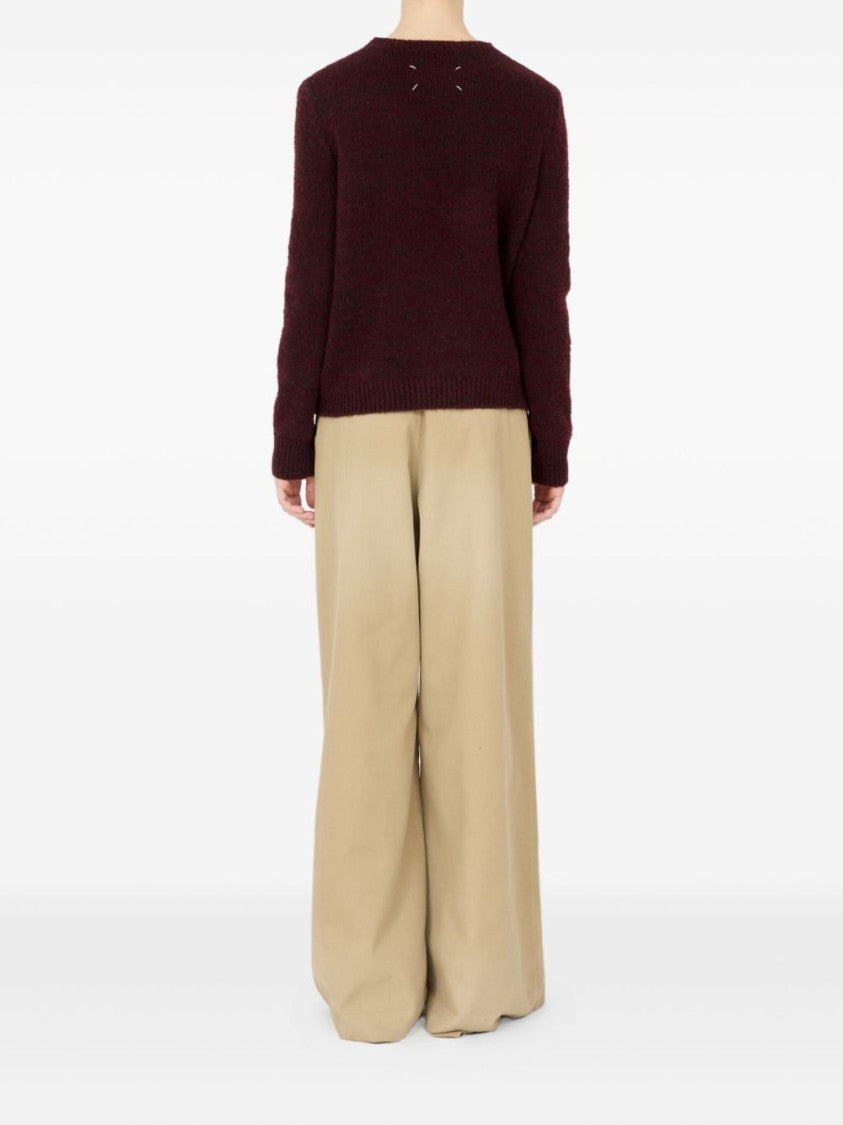 Maison Margiela Dropped Shoulder Burgundy Wool Sweater With Ribbed Details