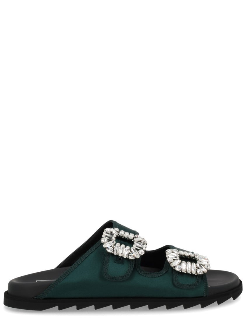 Roger Vivier Slidi Viv Green Textile Crystal Sandals