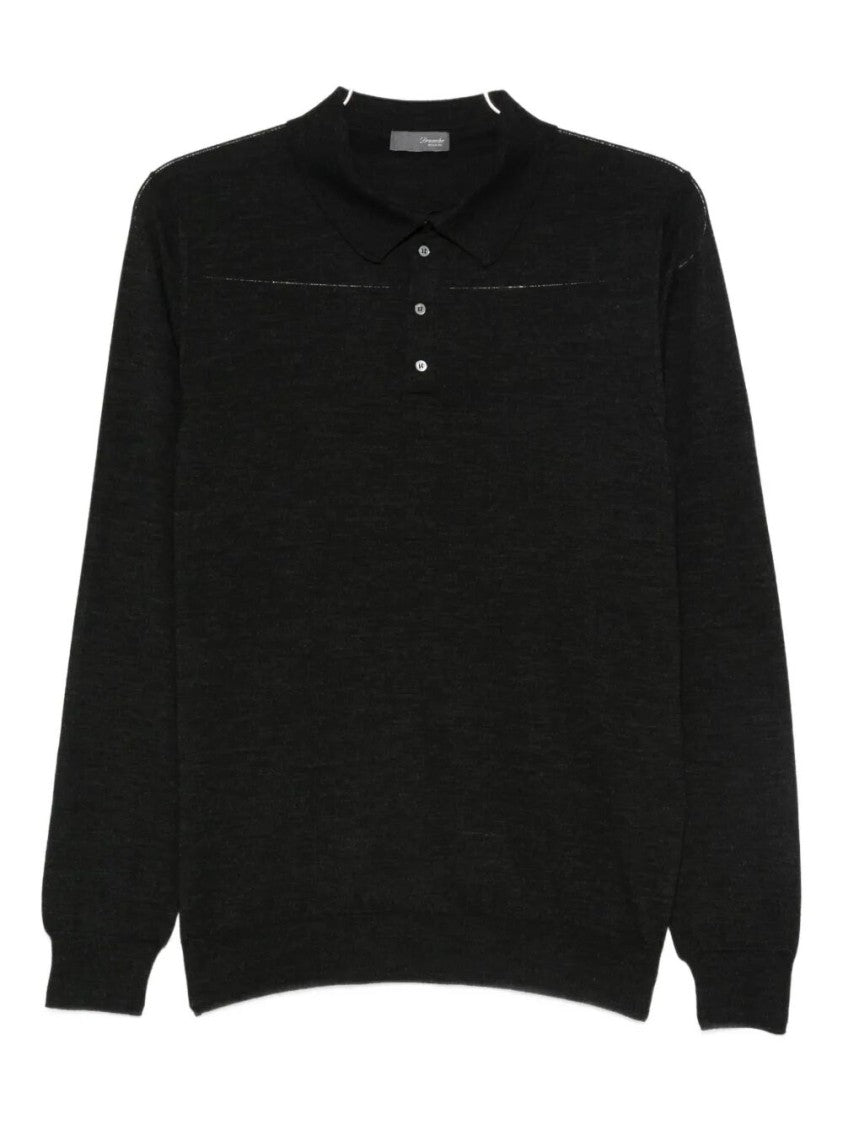 Drumohr Fitted Black Merino Wool Long Sleeve Polo