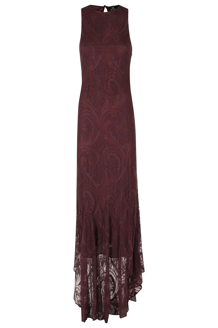 Etro Wine Crew Neck Viscose-Blend Long Evening Dress
