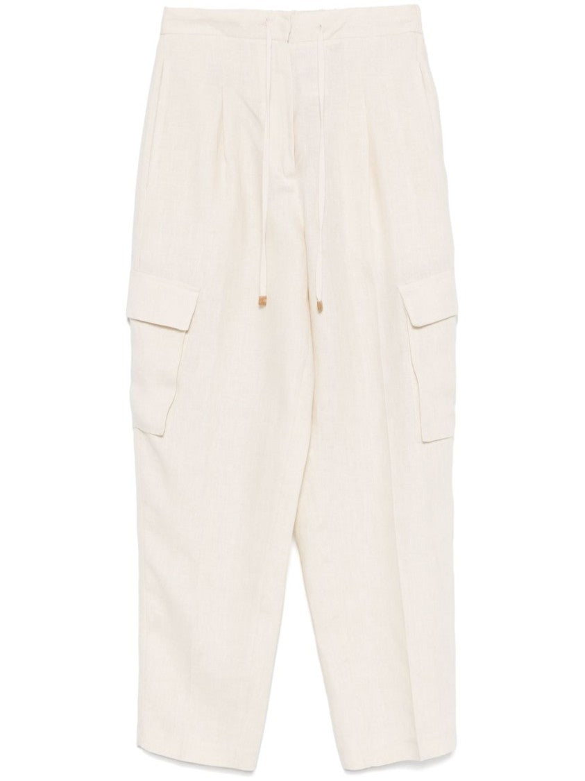 Le Tricot Perugia Relaxed Fit Beige Linen Trousers