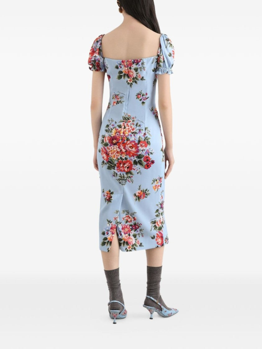 Dolce & Gabbana Blue Flower Bouquet Printed Dress