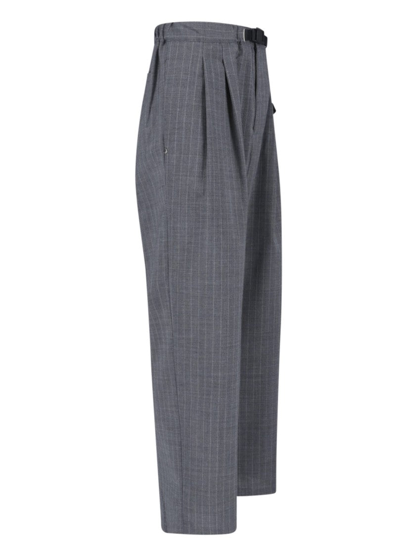 White Sand Grey Pinstripe Straight-Leg Wool Trousers