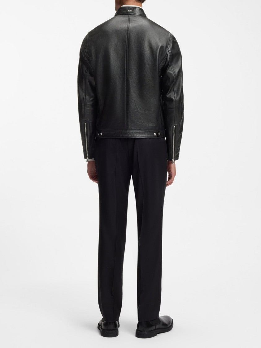 Hugo Boss Stand Collar Lambskin Leather Jacket - Black
