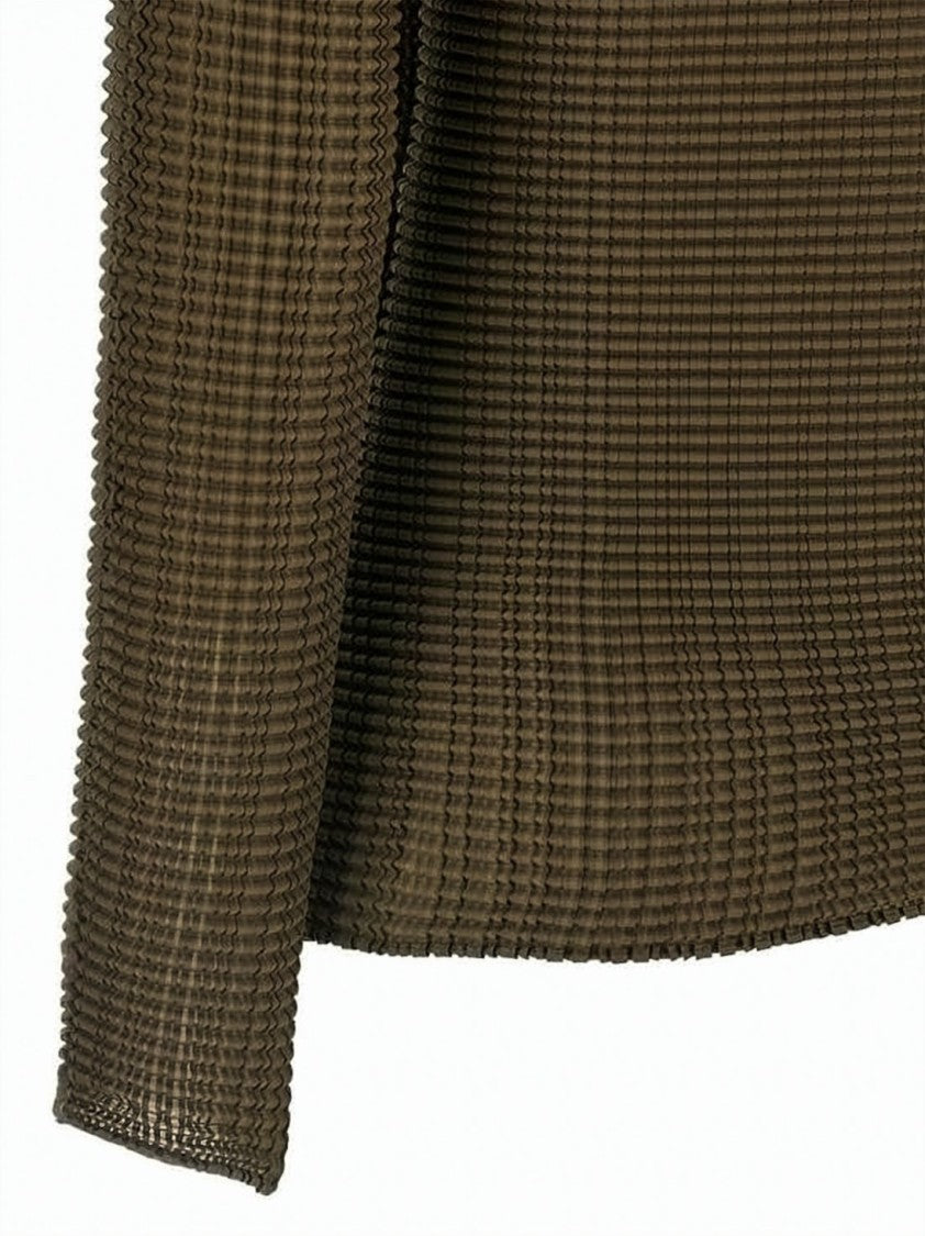 Issey Miyake Textured Brown Turtleneck Top With Fitted Silhouette