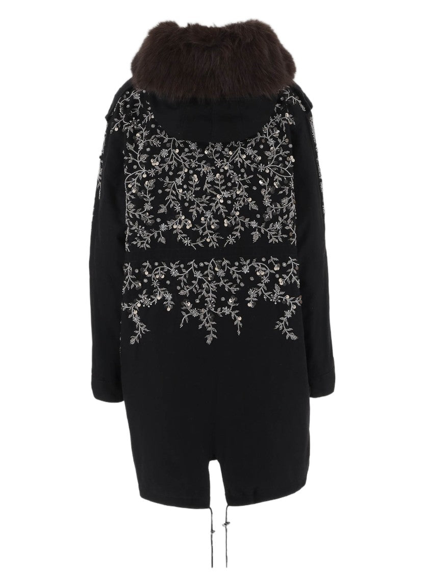 Novelle Black Floral Embroidered Faux-Fur Hooded Cotton Parka