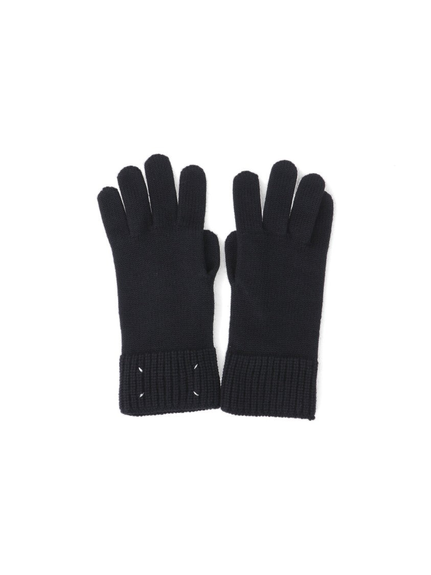 Maison Margiela Black Knit Gloves With Ribbed Cuffs And Logo Embroidery