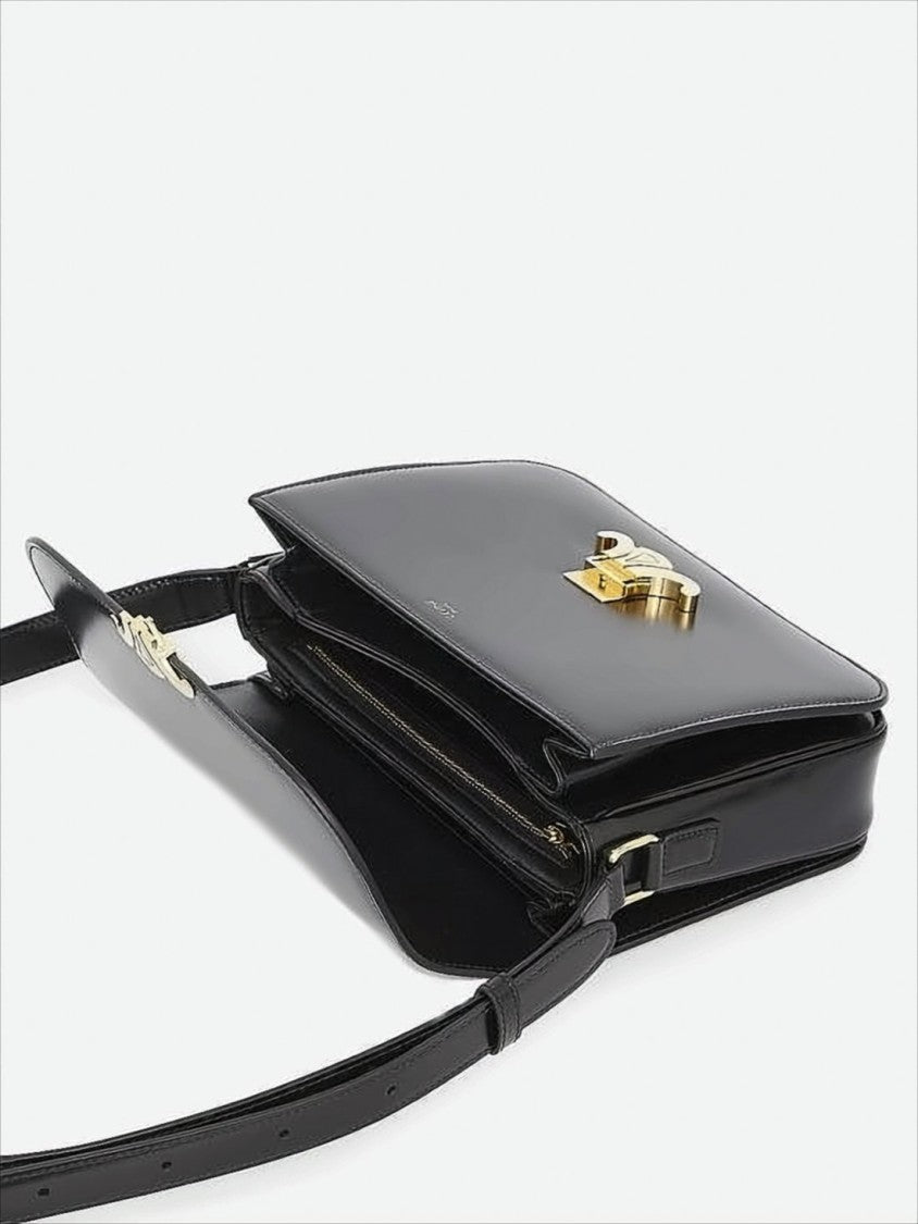 Celine Smooth Black Leather Shoulder Bag With Flap Closure