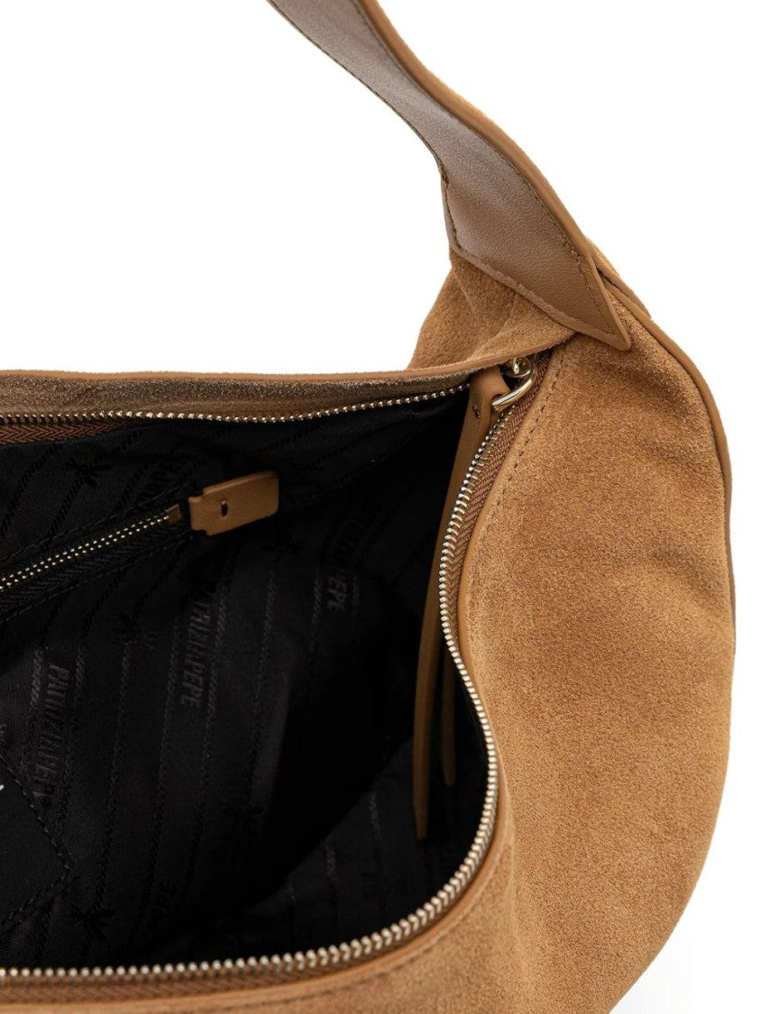 Patrizia Pepe Light Brown Suede Shoulder Bag With Bow Detail And Signature Accents