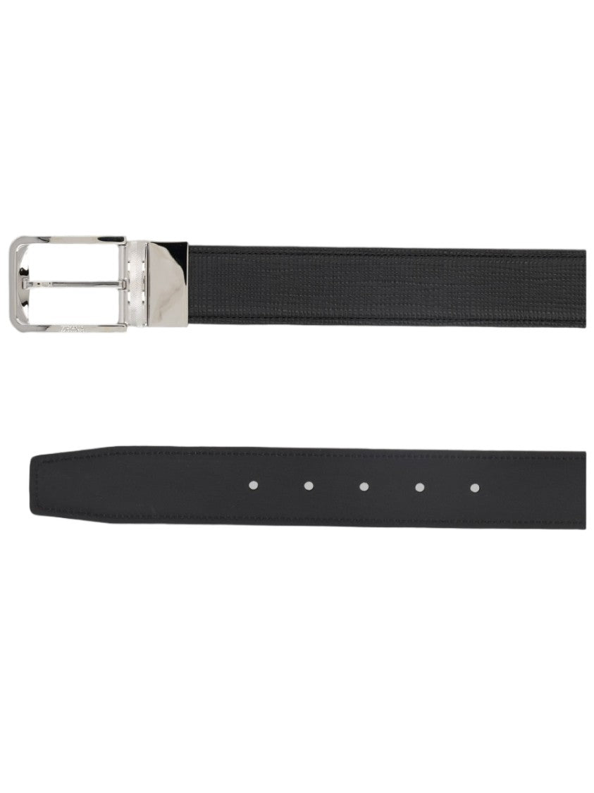 Zegna Textured Black Calf Leather Silver Buckle Belt