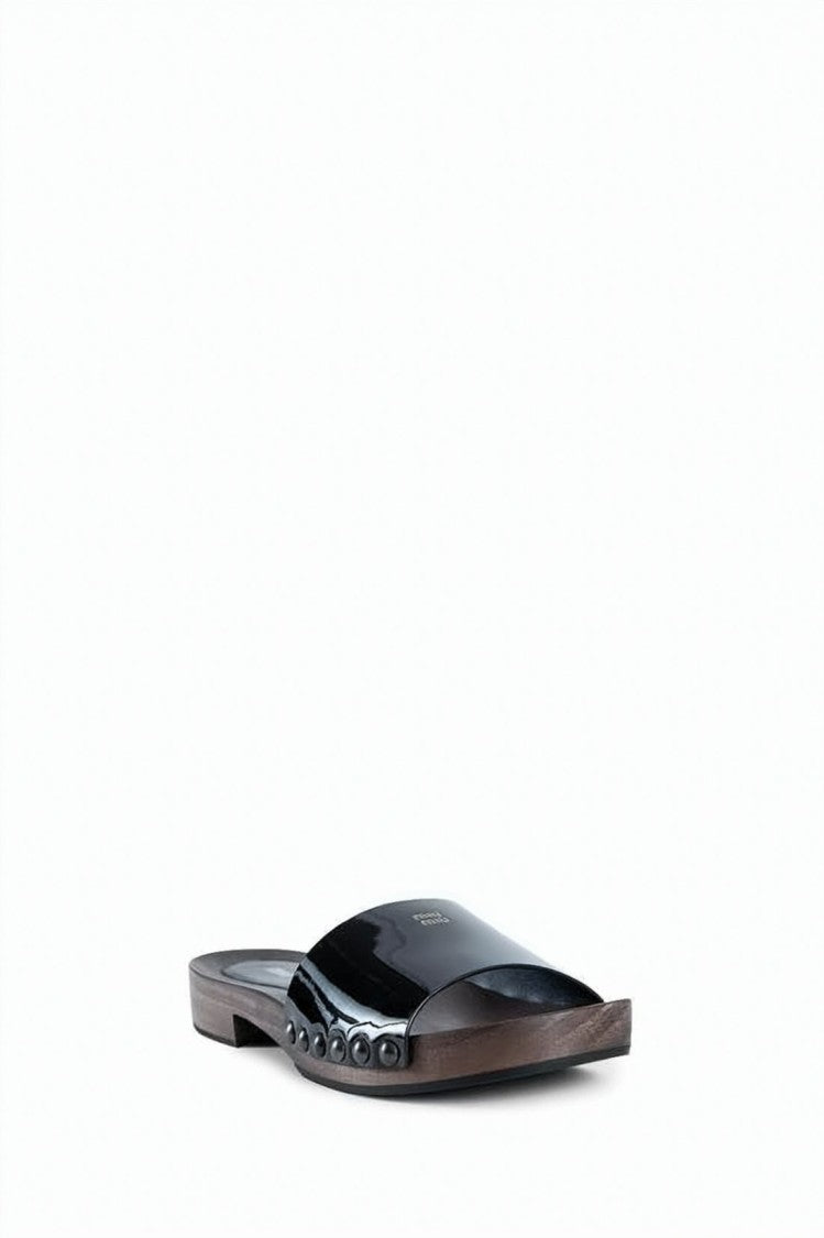 Miu Miu Patent Leather Slide Sandals With Studded Accents