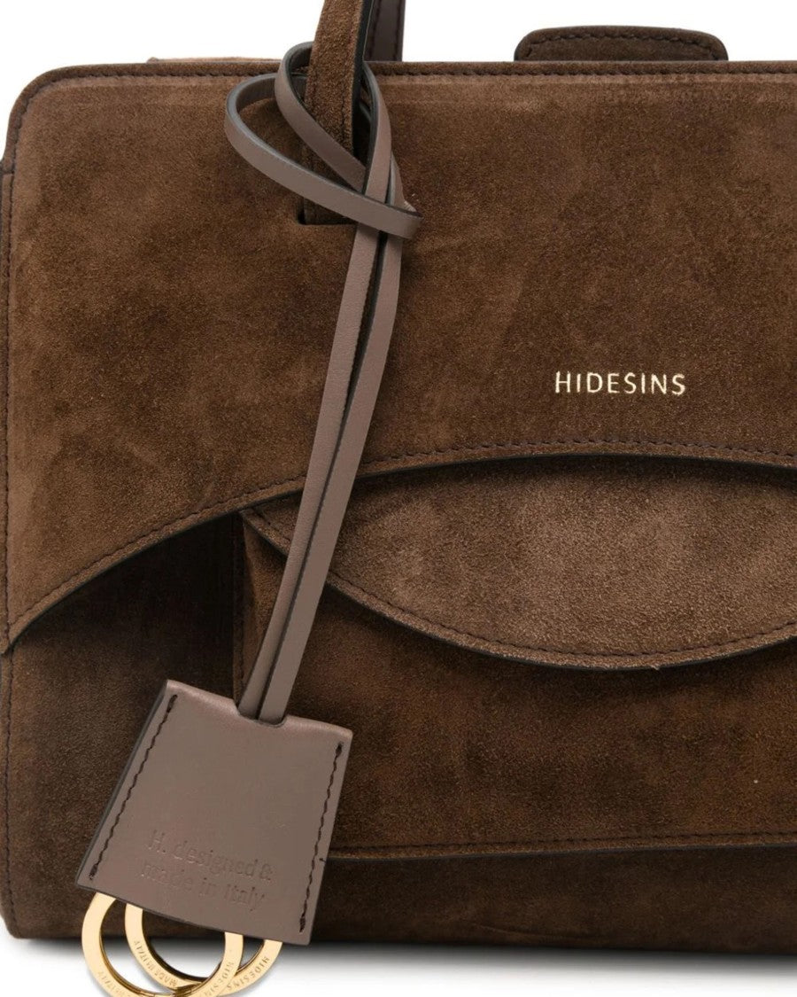 Hidesins Medium Suede Handbag With Flap Closure And Gold Accents