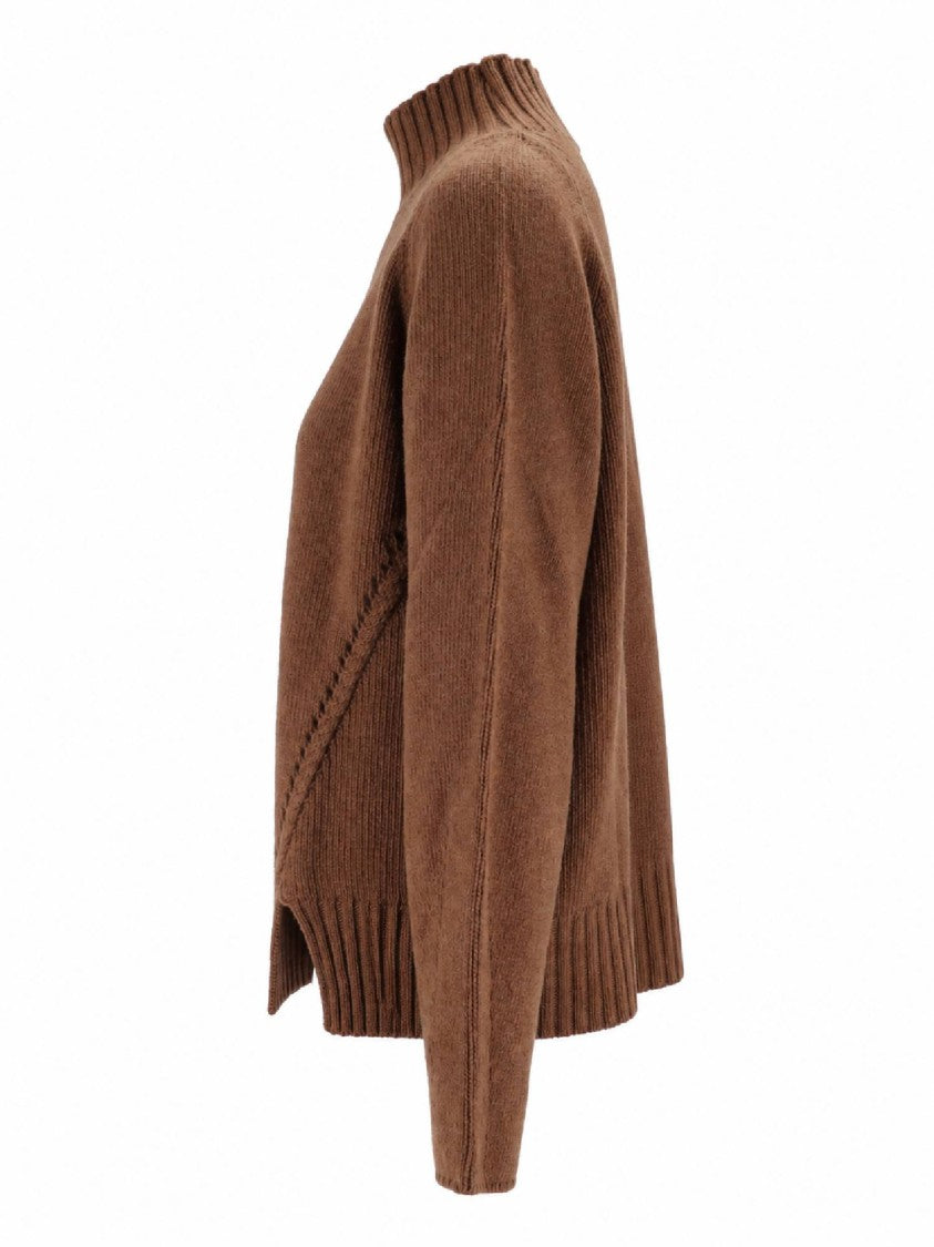 Ermanno Scervino Brown Wool Ribbed Embellished Shoulder Sweater