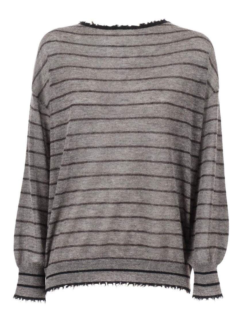 Kangra Cashmere Wide-Neck Knit Top With Frayed Edges