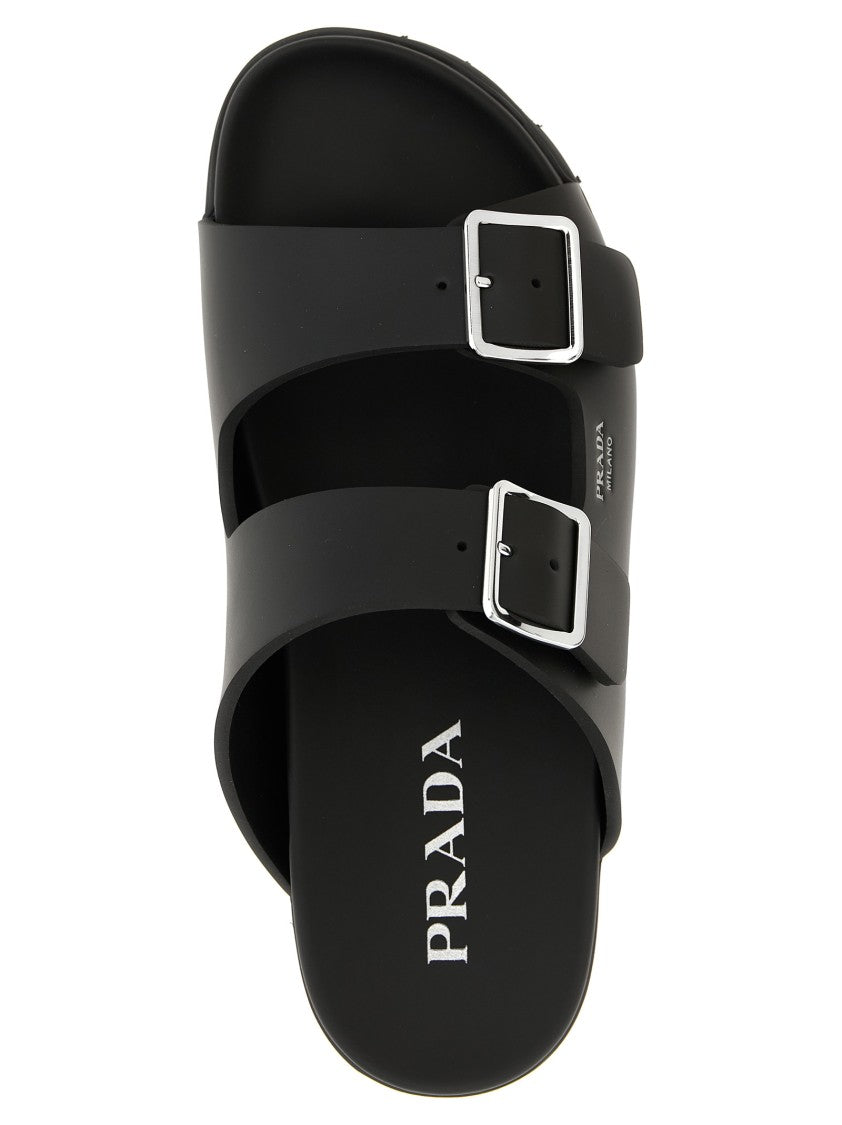 Prada Black Rubber Slides With Adjustable Double Strap