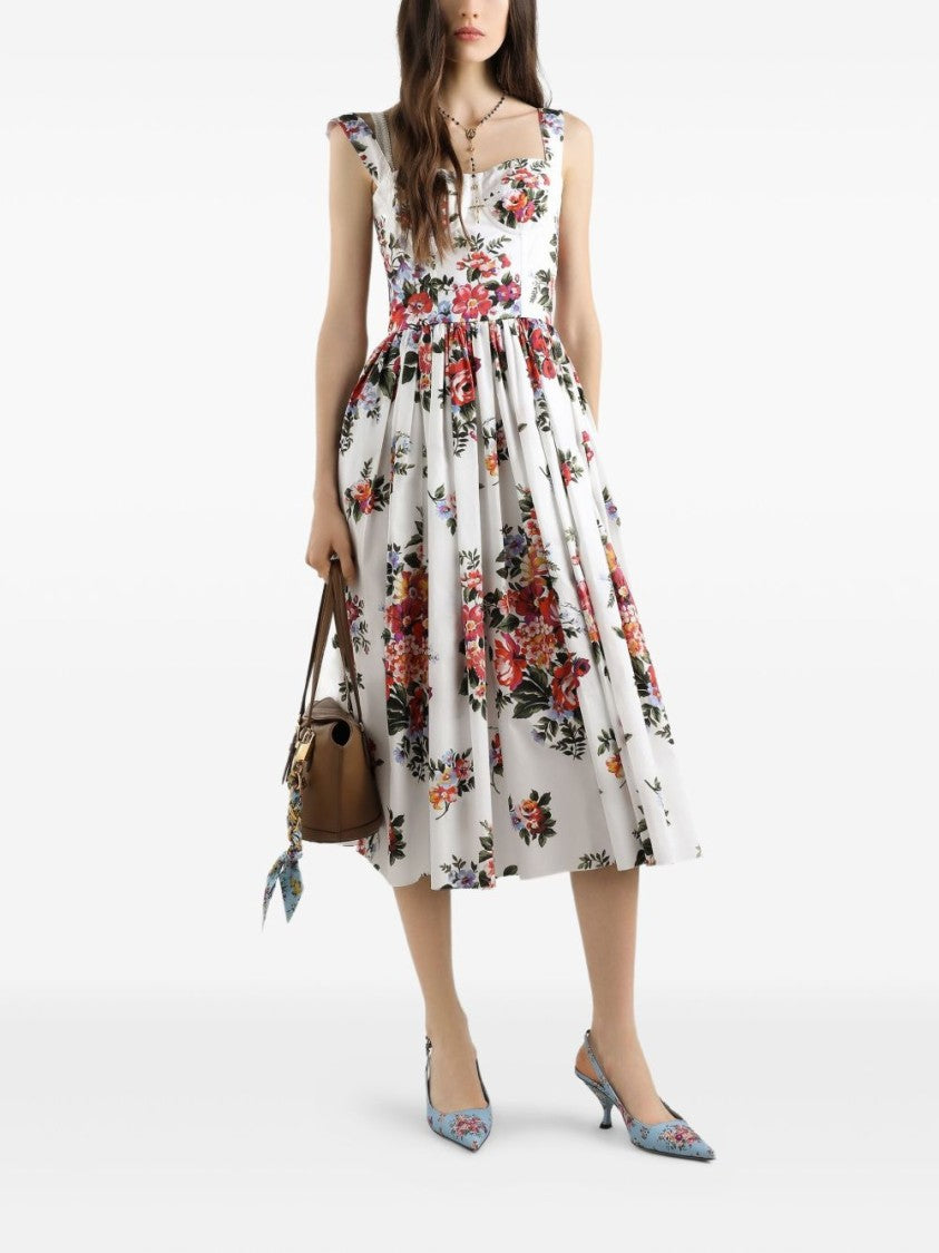 Dolce & Gabbana Floral Midi Dress With Fitted Bodice And Gathered Skirt