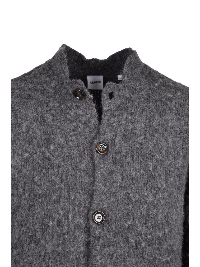 Aspesi Grey Textured Knit Crew Neck Wool Cardigan