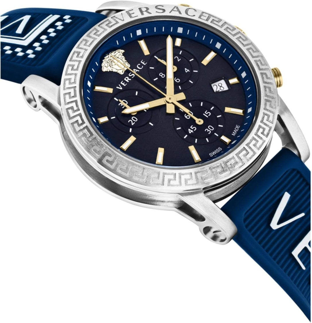 Versace Chronograph Timepiece With Blue Dial And Silicone Strap