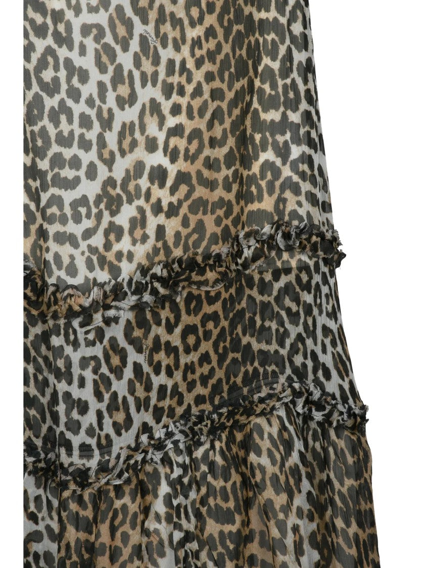 Ganni Tiered Ruffled Voile Skirt With Leopard Print Design
