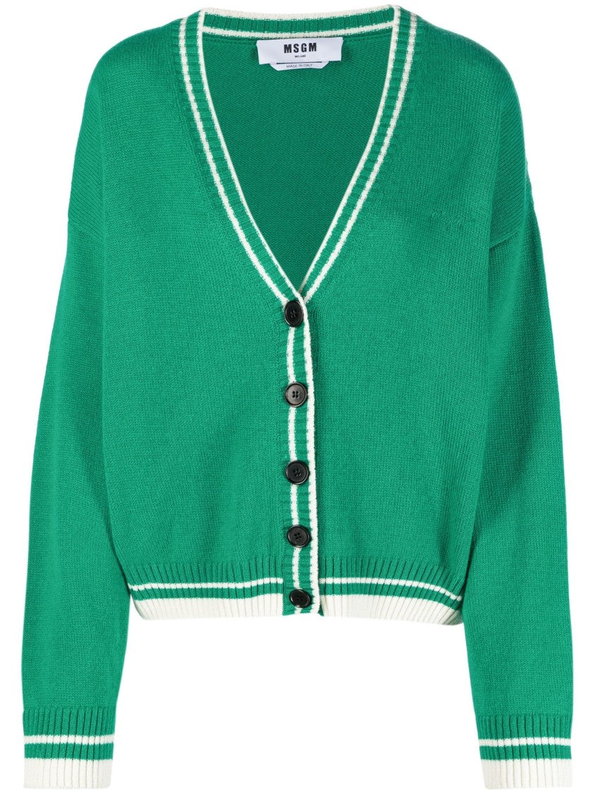 Msgm V-Neck Green Cardigan With Contrasting Stripes