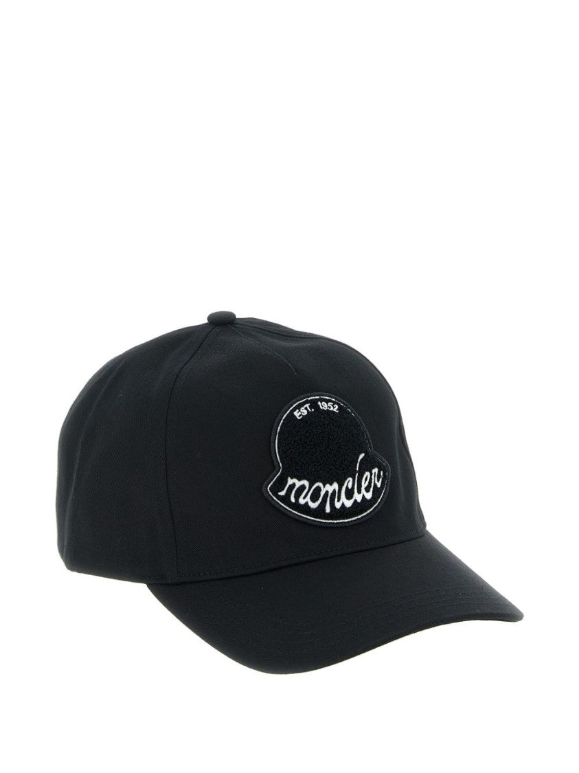 Moncler Structured Black Cotton Cap With Embroidered Patch