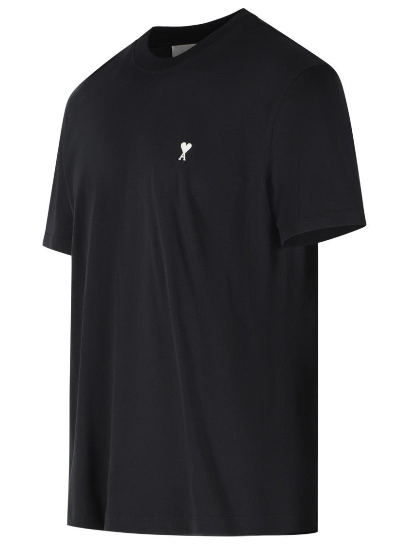Ami Paris Classic Black Cotton T-Shirt With Ribbed Crew Neck
