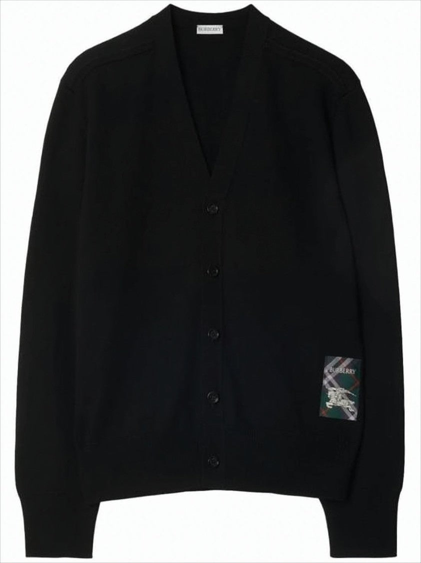 Burberry Classic V-Neck Black Wool Cardigan With Subtle Patch Detail
