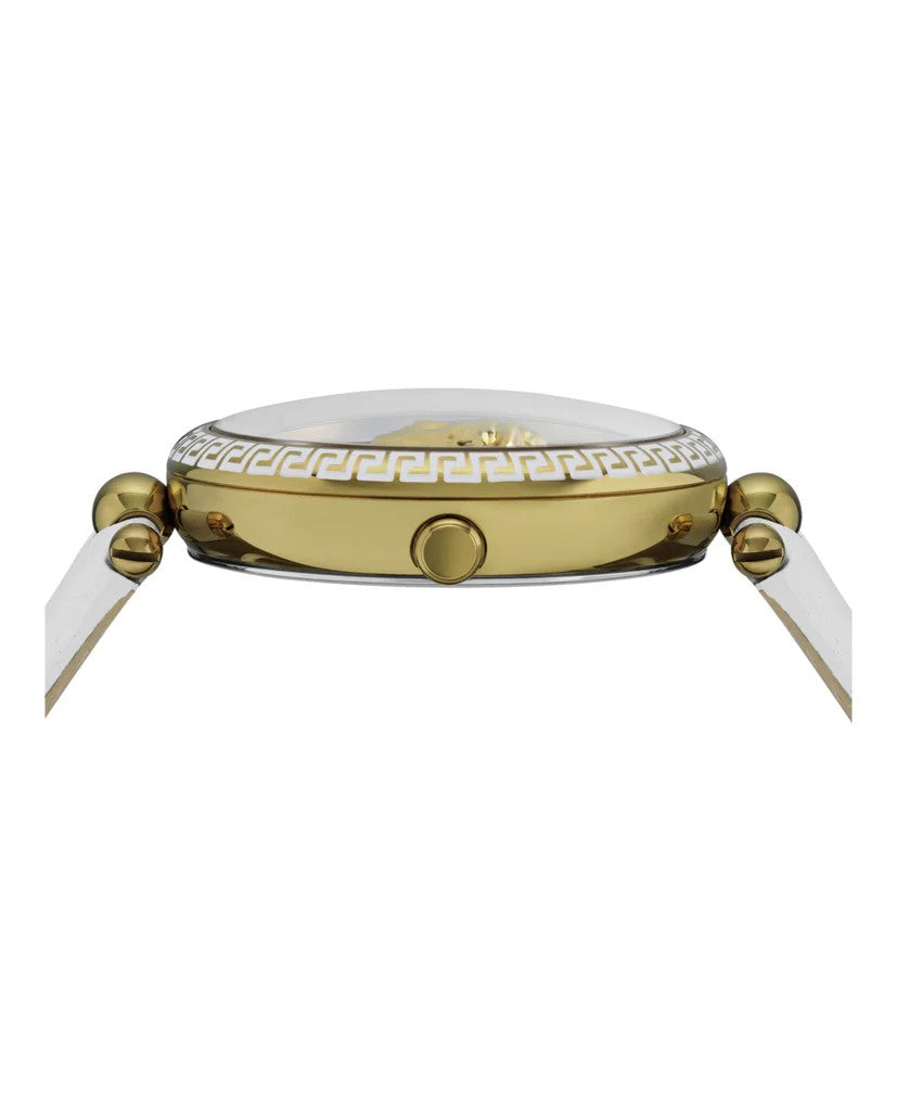 Versace Palazzo Empire Quartz Watch With Gold-Tone Stainless Steel And White Leather Strap