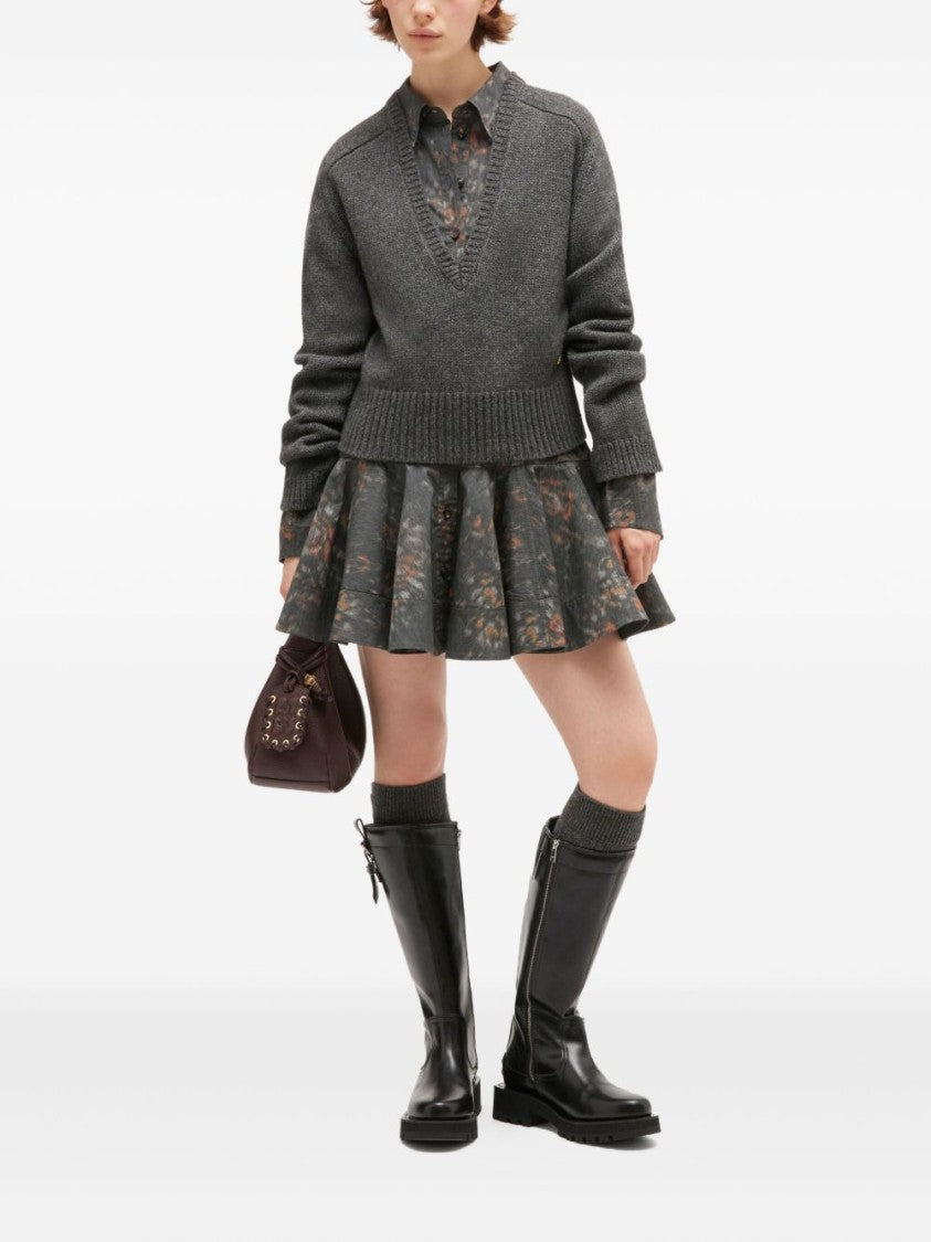 Ganni Deep V-Neck Cropped Knit Sweater In Warm Wool