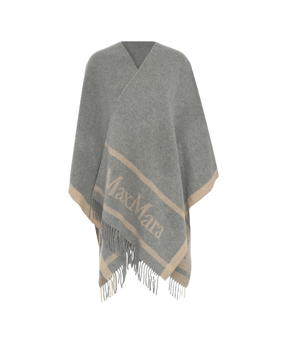 Max Mara Fringed Wool Cape With Logo Print