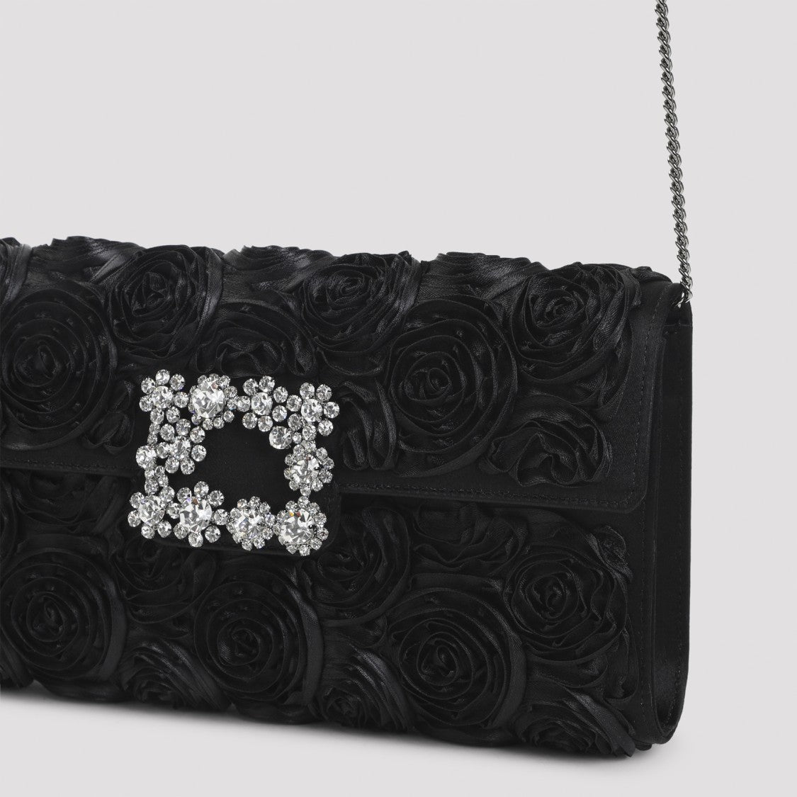 Roger Vivier Black Satin Envelope Flap Rose Flower Buckle Shoulder Bag