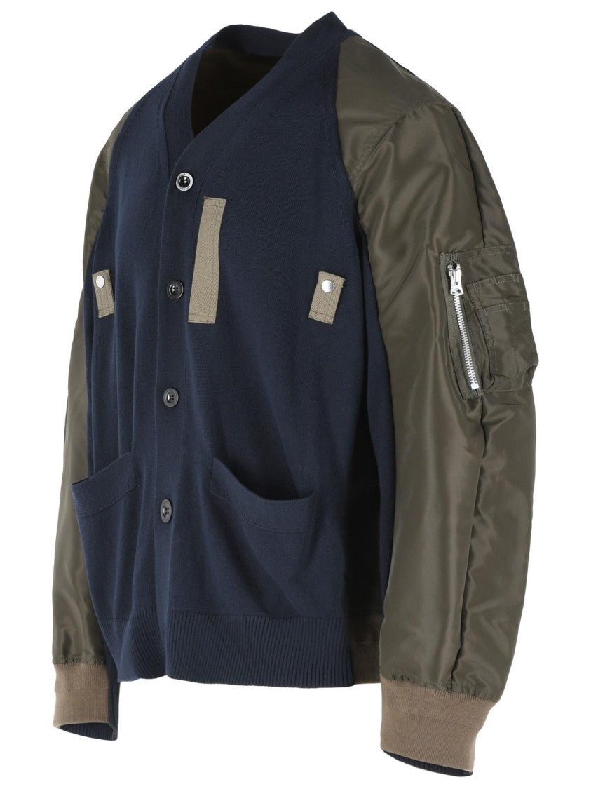 Sacai Cardigan In Navy Cotton And Khaki Blend