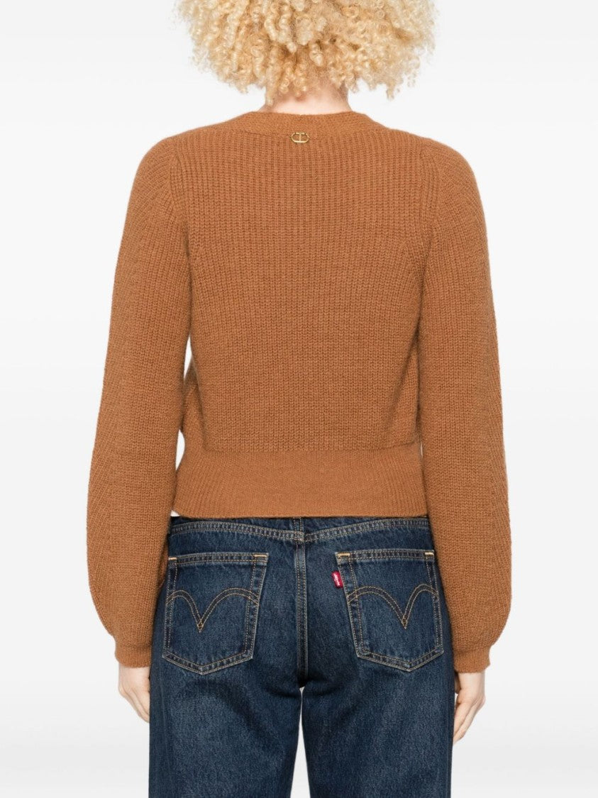 Twin-Set Cropped Sweater With Deep V-Neckline And Ribbed Texture