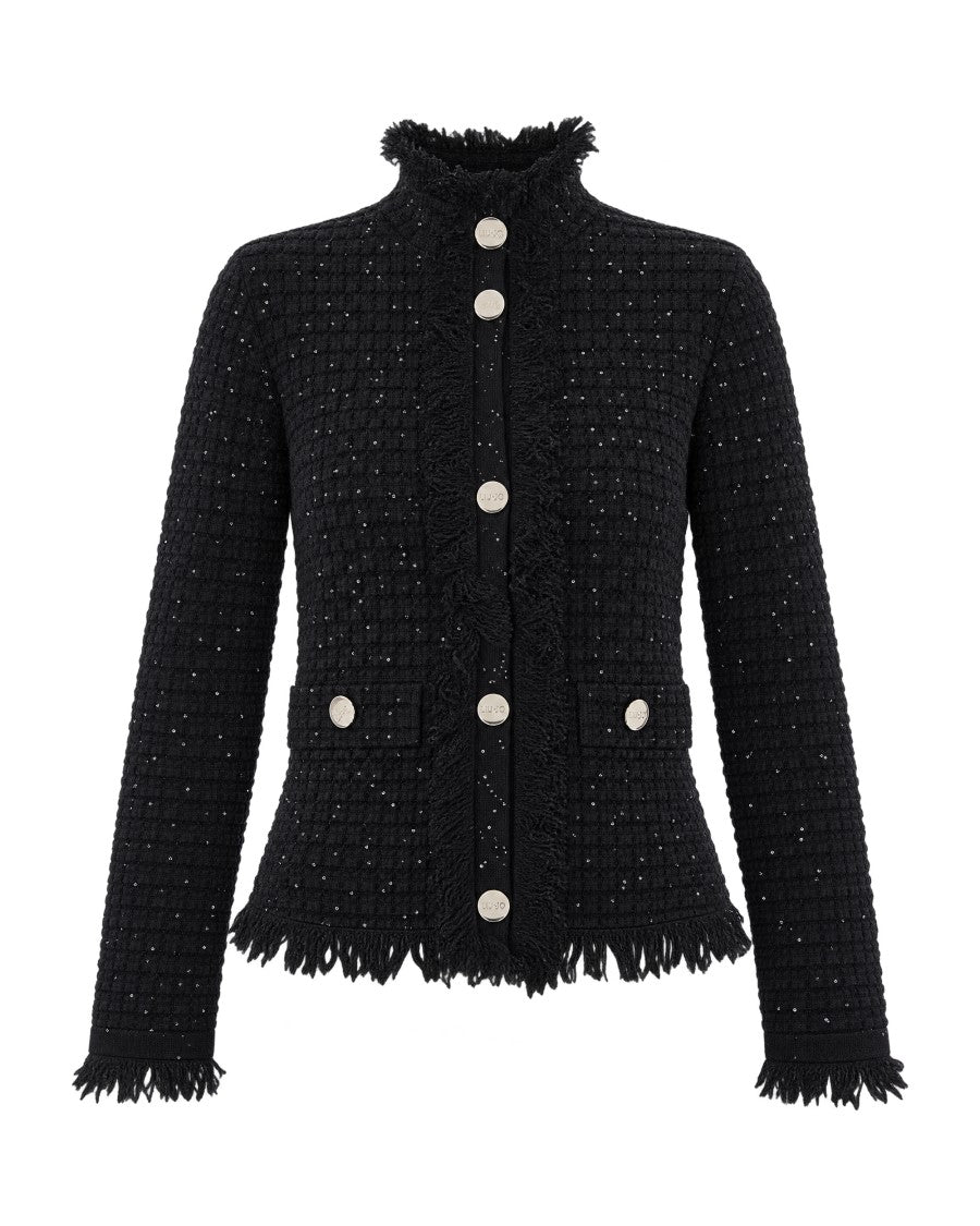 Liu Jo Fringed Textured Black Jacket With Sequins Detail