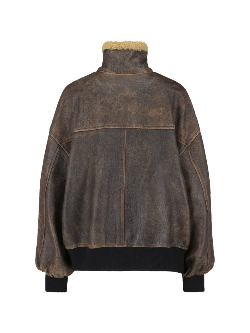 Khaite Distressed Brown Leather Jacket With Shearling Collar
