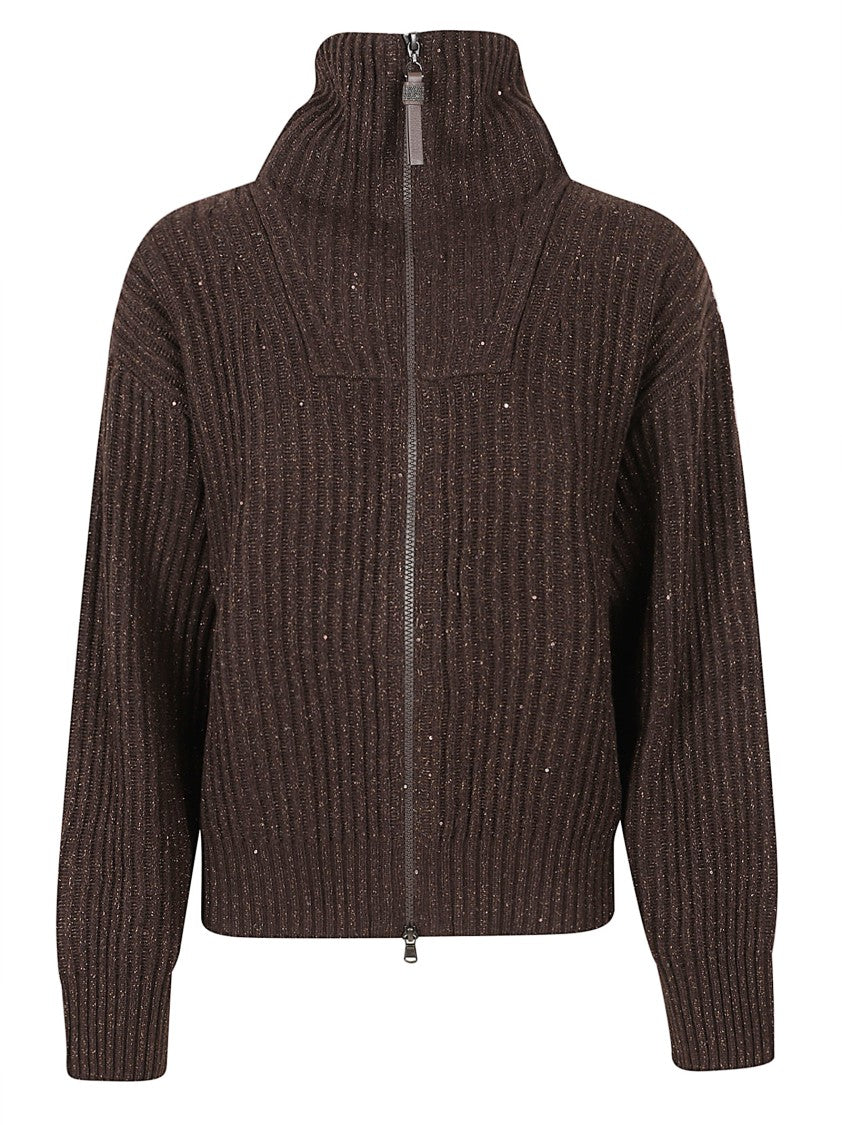 Brunello Cucinelli Cropped Ribbed Knit Sweater With High Collar And Front Zipper